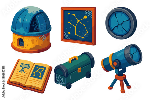 Abandoned Observatory Icons. Isometric vector illustration set Abandoned Observatory: Dusty Dome, Cobwebs, Old Chart, Broken Lens,
