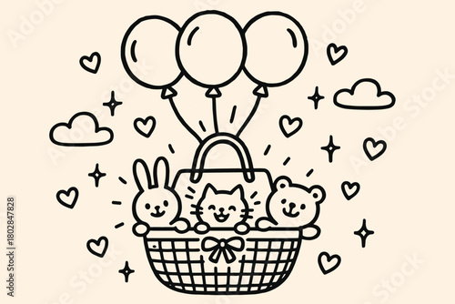 Animal Balloon Adventure. A doodle illustration of a reticule floating with balloons, carrying tiny cheerful animals inside, while