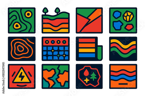 Geological Map Icons. Flat vector icons of geological maps: topographic map, cross-section diagram, fault line map, mineral