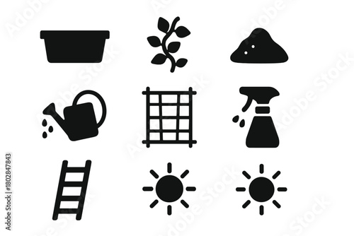 Living Wall Icons. Solid style icons of Living Wall Installation: Planter Box, Climbing Plant, Soil, Watering Can, Support Frame,