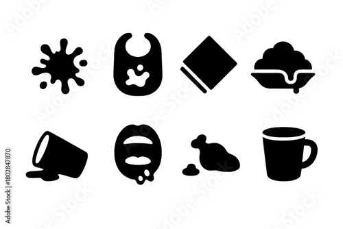 Messy Eating Icons. Solid style icons of Messy Eating: Sauce Splatter, Bib, Napkin, Overfilled Plate, Spilled Drink, Open Mouth,