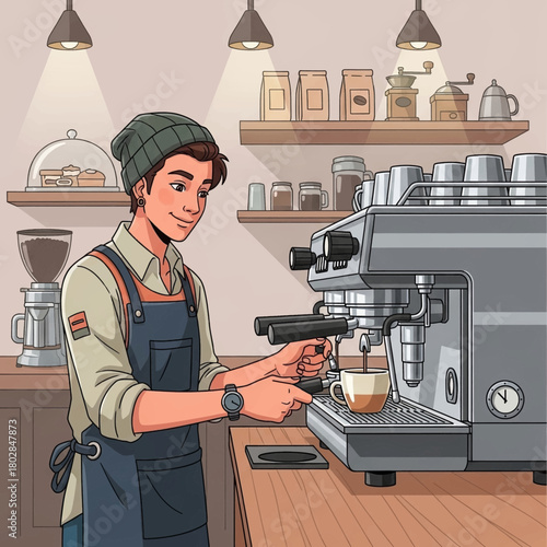 A barista wearing a beanie and apron is making coffee with an espresso machine in a cafe.