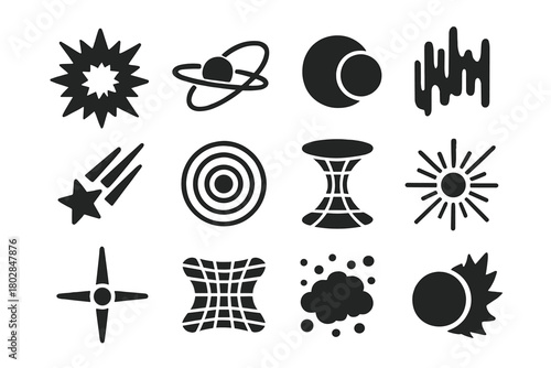 Cosmic Phenomena Icons. Solid style icons of cosmic phenomena: supernova, pulsar, eclipse, aurora, shooting star, gravitational
