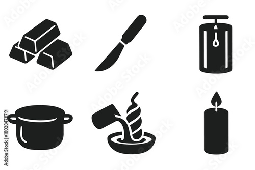 Wax Crafting Tools. Solid style icons of Wax Crafting: Colored Wax, Carving Knife, Wick Holder, Candle Mold, Heated Pot, Liquid