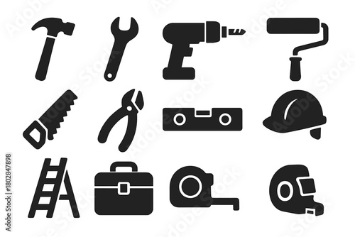 Construction Tools Icons. Solid style icons of construction tools: hammer, wrench, screwdriver, drill, saw, pliers, level tool,
