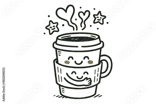 Zarf's Coffee Hug. A doodle of a smiling zarf hugging a hot coffee cup, with cheerful steam forming hearts and giggling stars