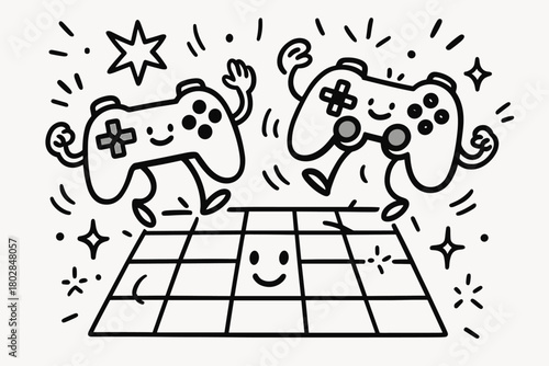 Dancing Controllers Party. Funny doodle vector composition of controllers dancing on a smiling grid, surrounded by doodle sparkles