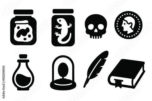 Curiosity Cabinet Icons. Solid style icons of Curiosity Cabinet: Oddity Jar, Preserved Specimen, Small Skull, Ancient Coin, Potion