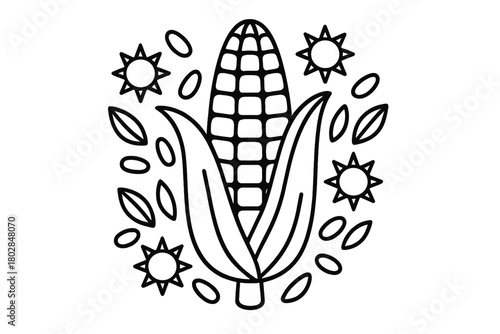 Corn Cob Mandala. Corn cob in the center with kernels, husks, leaves, and sun shapes forming a decorative circular design, black