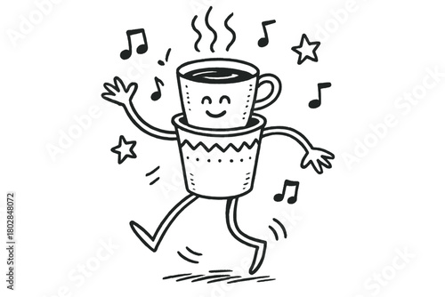 Dancing Zarf Delight. A doodle of a zarf with long legs dancing joyfully while balancing its coffee cup, as cheerful notes and