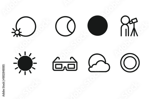 Solar Eclipse Icons. Line style icons of Solar Eclipse: Diamond Ring, Solar Limb, Moon Silhouette, Observation Spot, Corona Glow,