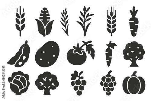 Crop Farming Icons. Solid style icons of crop farming: wheat stalk, corn cob, rice plant, barley, soybean pod, potato, tomato vine