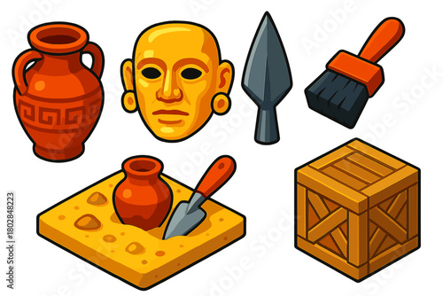 Ancient Artifacts Icons. Isometric vector illustration set Ancient Artifacts: clay pot, golden mask, metal spearhead, excavation