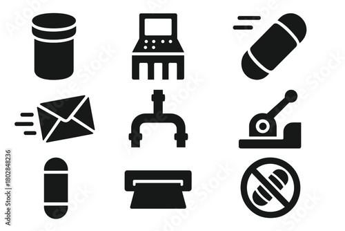 Vintage Pneumatic Icons. Solid style icons of Vintage Pneumatic Tube: Canister, Console, Whoosh, Message, Tube Network, Lever,