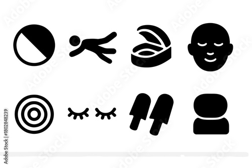 Isolation Experience Icons. Solid style icons of Isolation Experience: Darkness, Float, Tank, Calm Face, Water Ripples, Closed