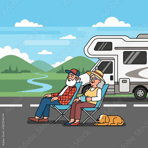 Elderly couple relaxing in camping chairs next to their RV on a sunny day with their dog.
