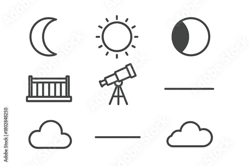 Lunar Eclipse Icons. Line style icons of Lunar Eclipse: Lunar Phase, Blood Moon Glow, Umbra Shape, Penumbra Shade, Observation