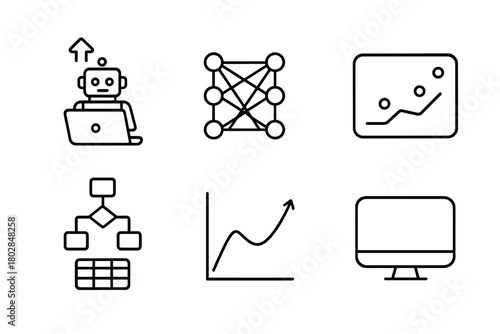 Machine Learning Icon Set. Line style icons of Machine Learning: AI Training, Neural Network, Model, Prediction Result, Algorithm,