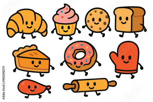A collection of cute, anthropomorphic baked goods including a croissant, cupcake, cookie, bread, pie, donut, and oven mitt.