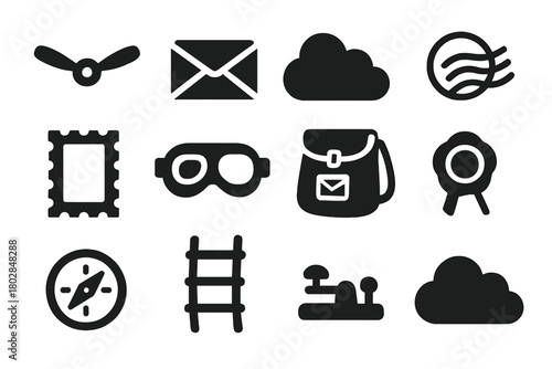 Aerial Postal Icons. Solid style icons of Aerial Postal Service: Propeller, Air Mail Envelope, Cloud, Postmark, Stamp, Pilot