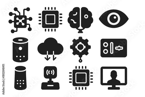 AI Robotics Icons. Solid style icons of AI robotics: neural network chip, processor, robotic brain, eye camera, voice assistant