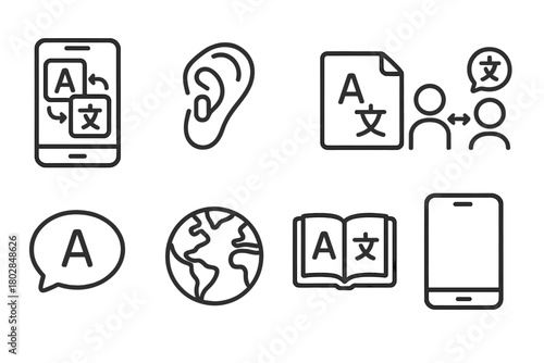 Translation Icons Set. Line style icons of Language Translation: Translator App, Earpiece, Live Text, Cross-Cultural Connection,