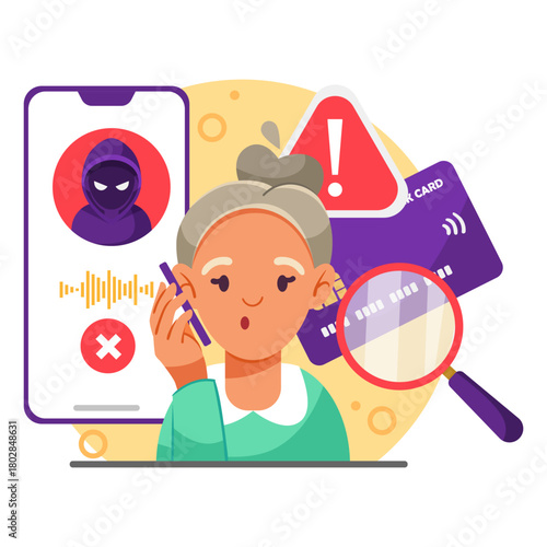 Elderly woman answering scam call with hacker icon, warning sign, and credit card on white background. Concept of online fraud. Vector illustration