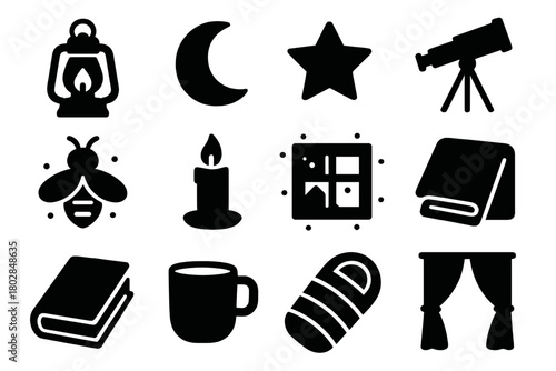 Night Treehouse Icons. Solid style icons of night treehouse: lantern, moon, star, telescope, firefly, candle, glowing window,