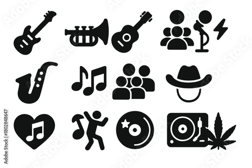 Musical Genre Icons. Solid style icons of Musical Genres: Rock, Jazz, Blues, Pop, Swing, R&B, Country, Soul, Funk, Disco, Hip-Hop,