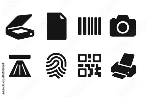 Solid Style Scanners Icons. Solid style icons of scanners: flatbed scanner, document, barcode, camera, light beam, fingerprint, QR