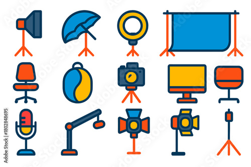 Studio Equipment Icons. Flat vector icons of studio photography: softbox light, umbrella light, ring light, backdrop stand, studio