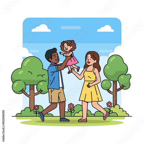 Happy multiracial family with a young daughter enjoying a sunny day at the park, illustrated in a cartoon style.
