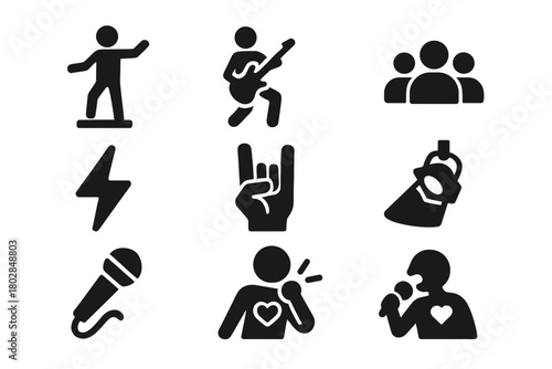 Performance Art Icons. Solid style icons of Performance Art: Stage Pose, Air Guitar, Audience, Energy, Rock Hand Sign, Spotlight,