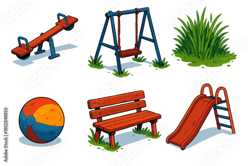 Forgotten Playground Icons. Isometric vector illustration set Forgotten Playground: Broken Seesaw, Rusty Swing, Overgrown Grass,
