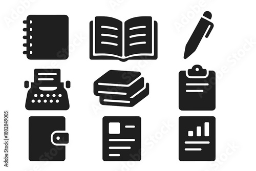 Journalism Tools Icons. Solid style icons of journalism notebooks: spiral notebook, open book, pen, typewriter, paper stack,