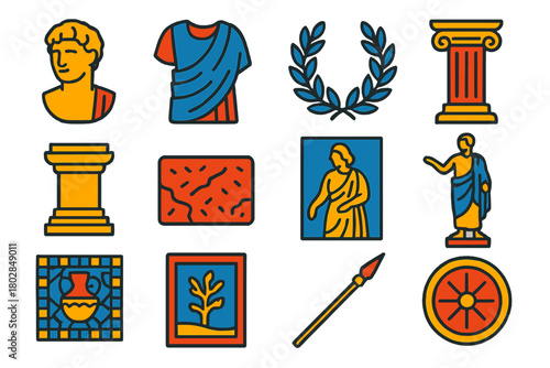 Roman Sculpture Icons. Flat vector icons of Roman Sculpture Elements: bust, toga, laurel wreath, column, pedestal, marble block,