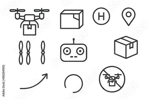 Drone Delivery Icons. Line style icons of Drone Delivery: Quadcopter, Package, Landing Pad, GPS, Propellers, Remote Controller,