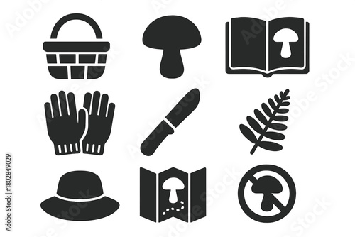 Mushroom Foraging Essentials. Solid style icons of Mushroom Foraging: Basket, Mushroom, Field Guide, Gloves, Knife, Fern, Hat, Map