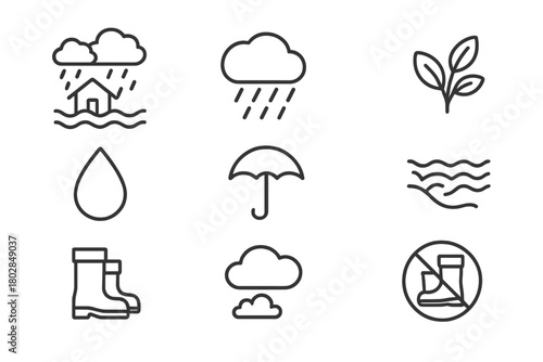 Weather Phenomena Icons. Line style icons of Monsoon Flood: Flooded Street, Heavy Rain, Umbrella, Lush Growth, Raindrop, Cloud,
