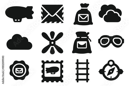 Zeppelin Mail Icons. Solid style icons of Zeppelin Letters: Air Mail Envelope, Postmark, Cloud, Propeller, Mailbag, Pilot Goggles,