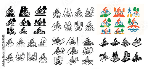 Cycling icon set with urban and nature themes