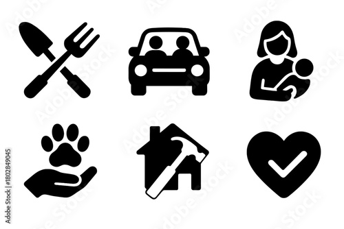 Shared Services Icons. Solid style icons of shared services: gardening tools, carpool, babysitting, tutoring, pet care, home