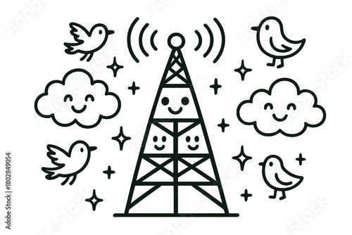 Friendly Tower Scene. Charming doodle vector composition of a friendly communication tower with happy windows, surrounded by