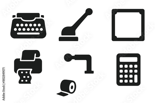 Mechanical Office Icons. Solid style icons of Mechanical Office Machines: Keys, Lever, Printed Tape, Frame, Crank, Knob, Paper