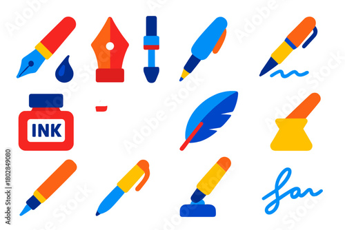 Stationery Icons Set. Flat vector icons of Stationery Set: fountain pen, nib, ink converter, cap, writing, ink bottle, paper,