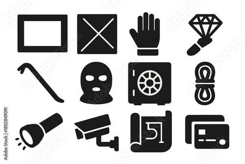 Art Heist Elements. Solid style icons of Art Heist Scene: Empty Frame, Laser Grid, Gloved Hand, Diamond Cutter, Crowbar, Mask,