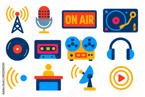 Broadcasting Icon Set. Flat vector icons of broadcasting: radio tower, studio microphone, on-air light sign, DJ turntable, vinyl