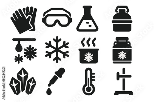 Lab Safety Icons. Solid style icons of Laboratory Safety: Safety Gloves, Protective Goggles, Lab Flask, Storage Dewar, Liquid