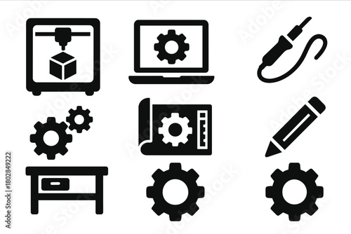 Collaborative Making Icons. Solid style icons of collaborative making: 3D printer, laptop, soldering iron, gears, blueprint,