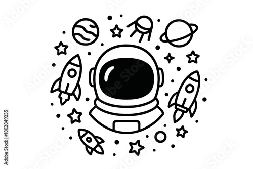 Space Exploration Coloring. Astronaut helmet in the middle with rockets, planets, satellites, and stars forming a cosmic circular